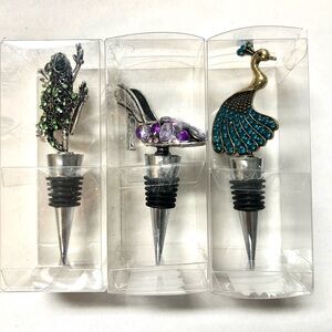 Set of 3 Decorative Wine Stoppers with Animal Designs and one stiletto